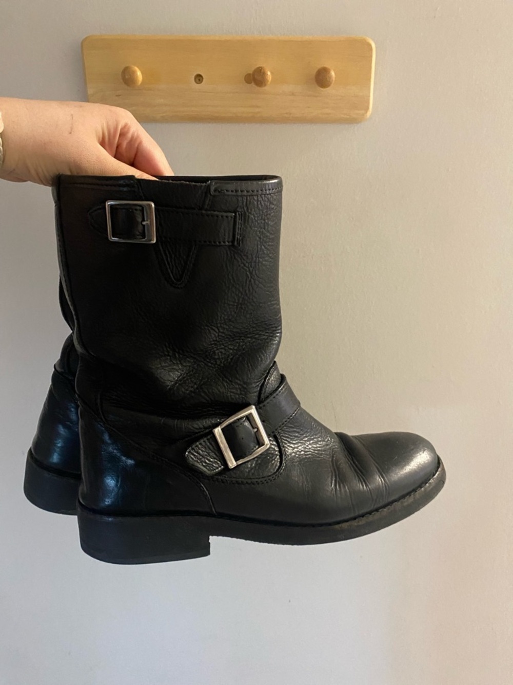 Black Leather Buckle Moto Boots